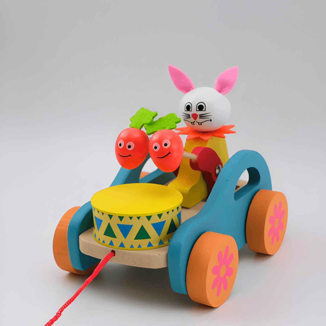 Wooden Drum Musical Pull Along Toy, (Pack of 1)- Rabbit - Kids Bestie
