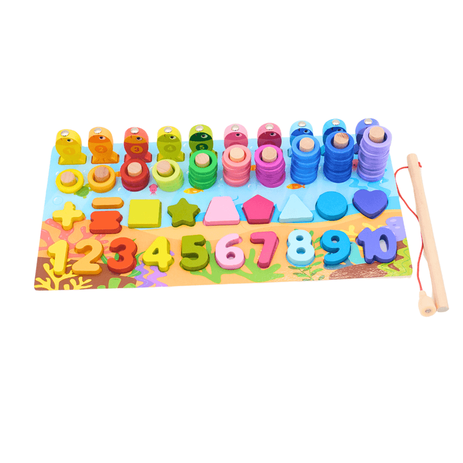 Multifunctional Board Puzzle, Numbers, Shapes, Fishing Game, Stacking, (Pack of 1) - Kids Bestie